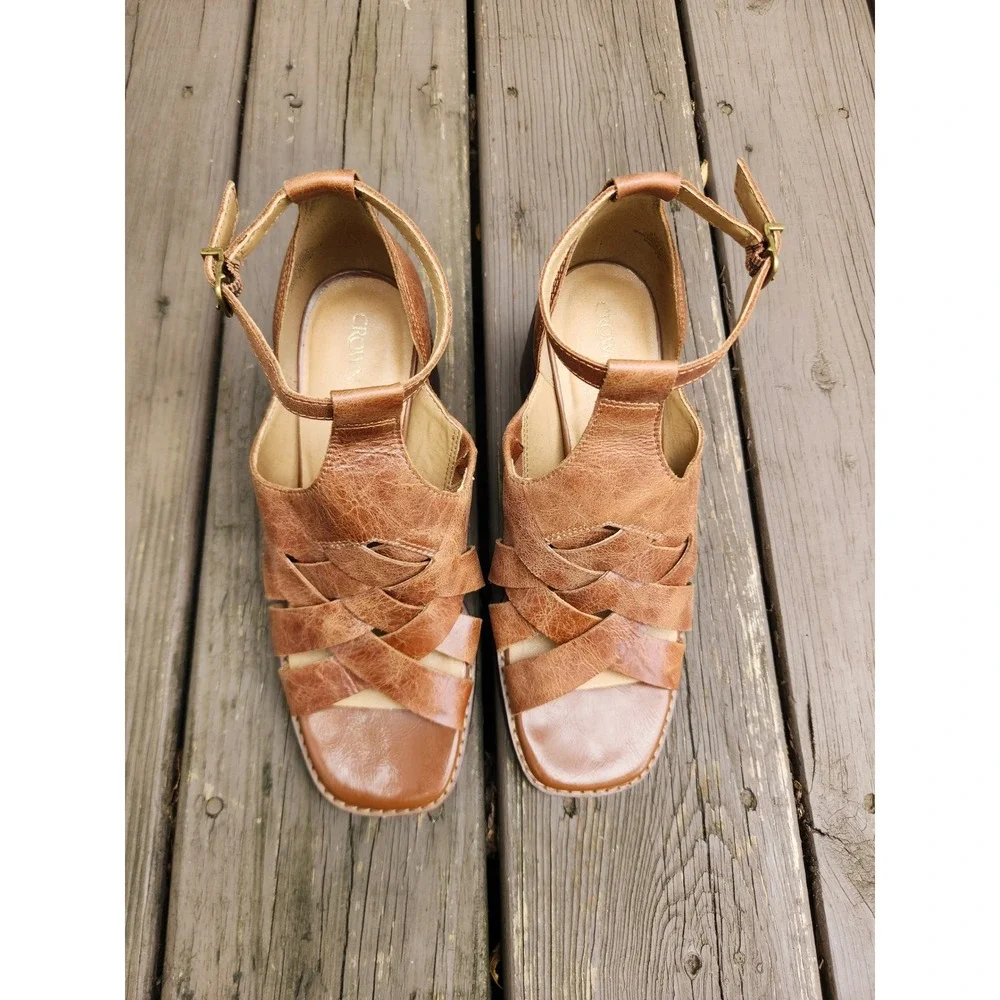 Crown Vintage Binita Caged Block Heel Sandals Tan Leather Square Toe 8.5M